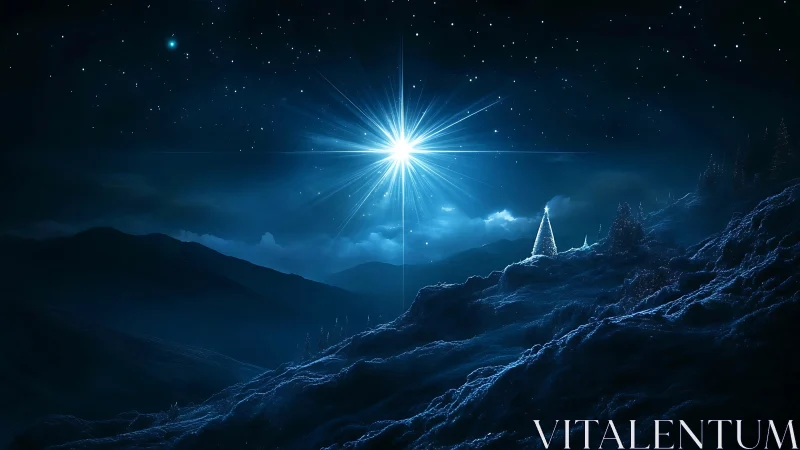 Bright stellar source above snowy hillside at night.