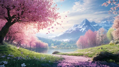 Mountain lake landscape with pink blossom trees in spring.