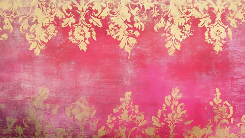 Gold damask ornamental motifs overlay a textured pink ground