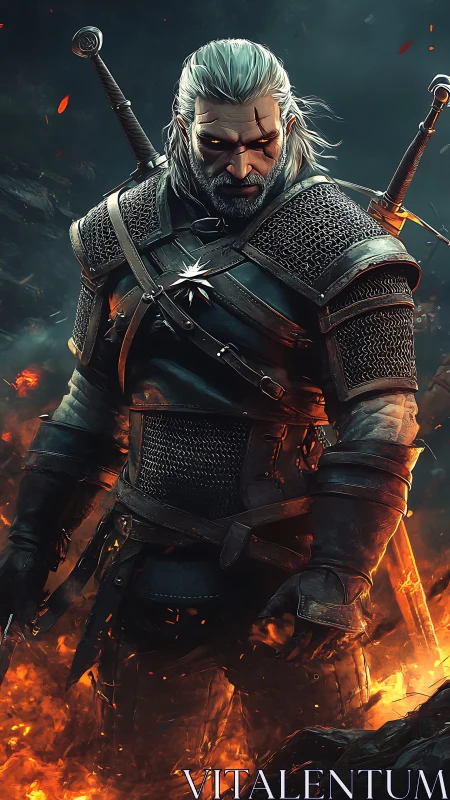 Armored white haired warrior stands over burning ground.