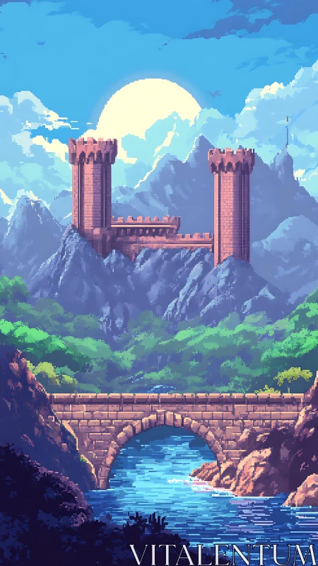 Pixel landscape with mountain fortress and stone bridge.