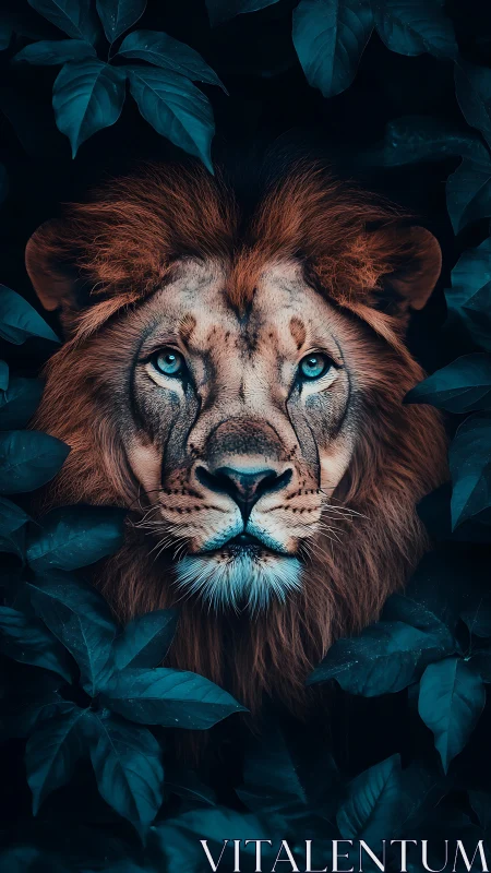 Lion portrait framed by cyan jungle foliage at dusk.