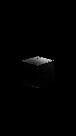Glossy black cube floats centered in deep black space