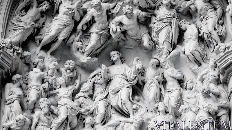 Ornate stone relief captures dramatic sacred gathering in marble