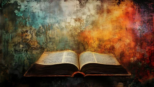 Ancient open book against vivid abstract painted backdrop.