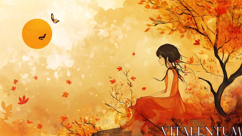 Girl seated under autumn tree with butterflies and sun.