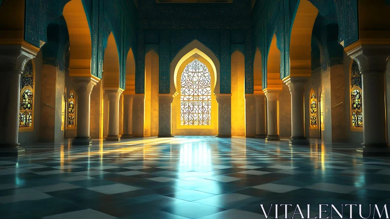 Sunlit arches illuminate a tranquil Islamic prayer hall interior.