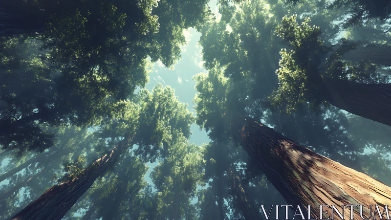 Upward worm's-eye perspective through old-growth redwood canopy with atmospheric light diffusion