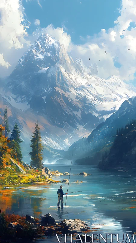 Peaceful mountain lake where a lone angler finds stillness.