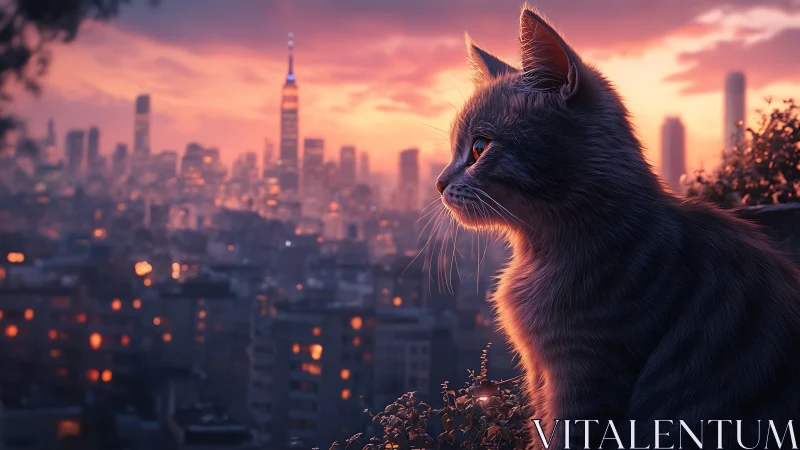 A Black Cat Gazes Across the Glowing City Below