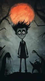 Gaunt cartoon figure under blood-red moon in eerie wasteland