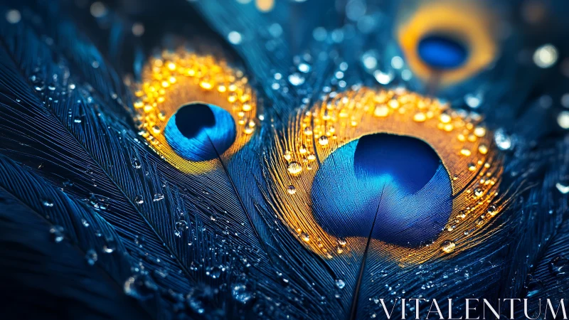 Macro view isolates peacock feather eyespots with droplets