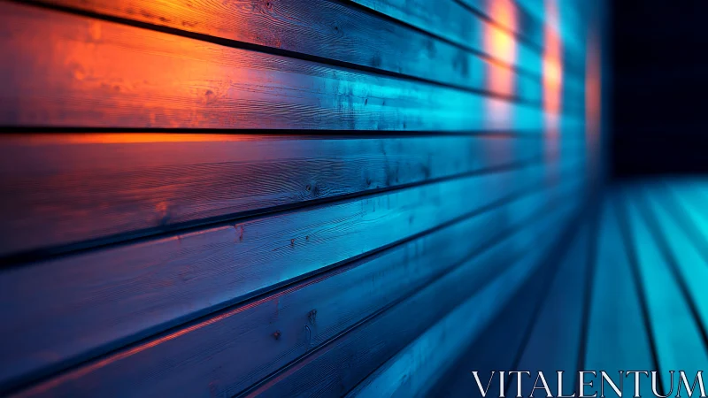 Horizontal wooden planks are illuminated by blue and orange light