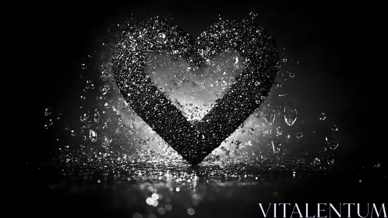 Water droplet impact with particles dispersing around heart shape.