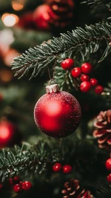 Crimson Christmas bauble glows amid pine needles and berries.