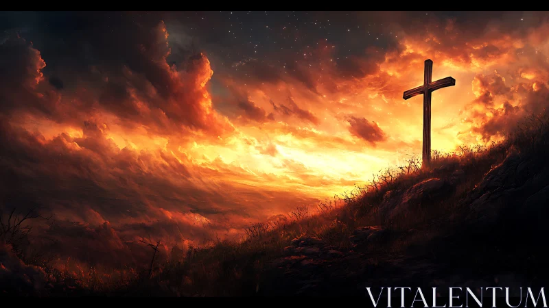 Lonely hilltop cross converses with a stormlit burning sky