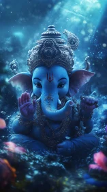 Blue Ganesha idol with ornate crown in glowing water scene.