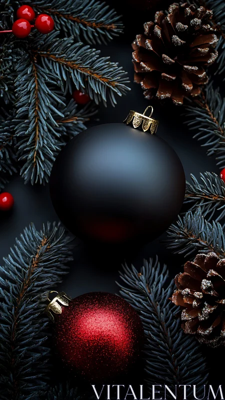Matte black bauble amid conifer textures and specular pinecones.