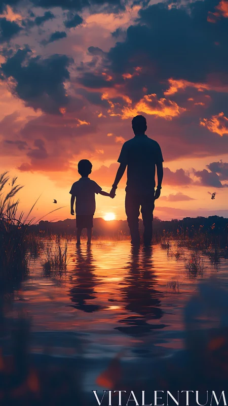 Silhouetted footsteps stitch sunset colors across the water