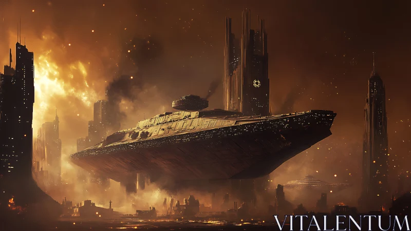 Massive star cruiser over burning dystopian megacity.