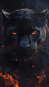 Black panther portrait with molten ember eyes and flames.