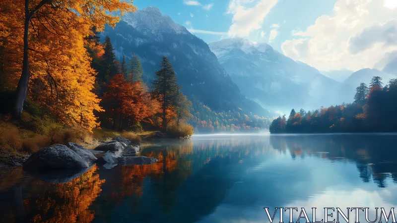 Digital painting of autumn lake with misty alpine mountainscape.