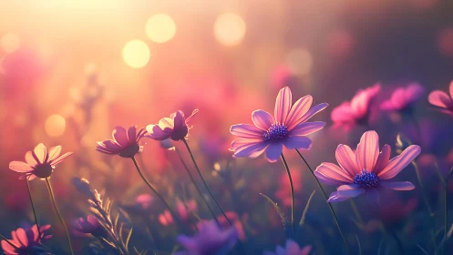 Luminescent Daisy Field in Bokeh Golden Hour Light.
