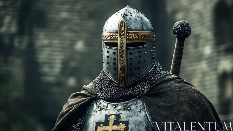 Armored medieval knight stands vigilant before old fortress.