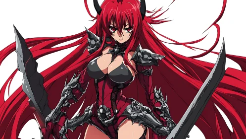 Red armored anime warrior with twin blades, intense stare.