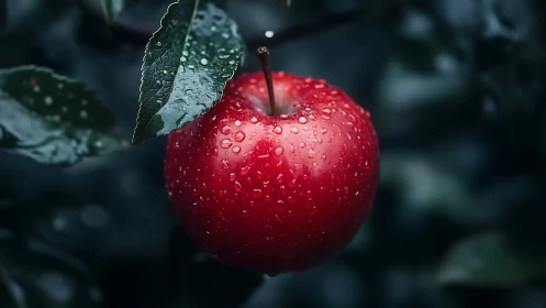 Single red apple with water droplets in shallow focus view