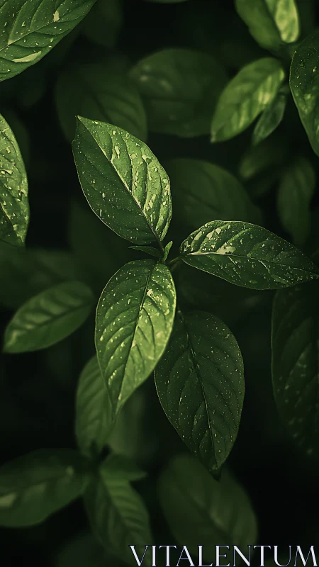 Dew-kissed green leaves glow softly against dark foliage.