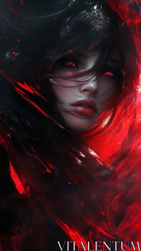 Crimson-eyed dark siren emerging through liquid shadowfire.