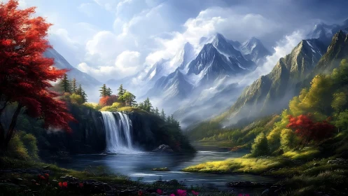 Mountain valley landscape shows waterfall, river, and clouds