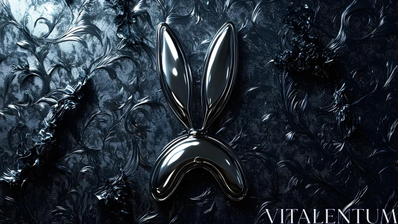 Metallic Bunny Ears on Ornate Dark Floral Background, Futuristic Art.