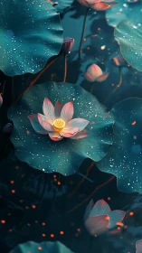 Lotus flowers and leaves with water droplets at dusk.