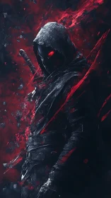 Hooded shadow assassin emerges through swirling crimson chaos