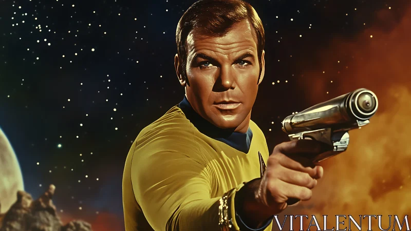 Male space officer aiming futuristic weapon in nebula field.