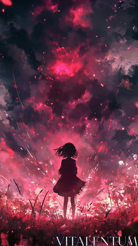 Silhouette girl stands before erupting crimson twilight sky.