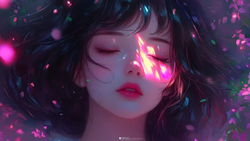 Female face with closed eyes under fragmented pink light.