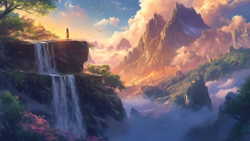 Solitary figure gazes over sunlit waterfalls and vast peaks.