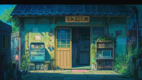 Sunlit retro storefront with vending machine and foliage.