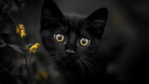 Black cat with golden eyes stares directly at camera in darkness.