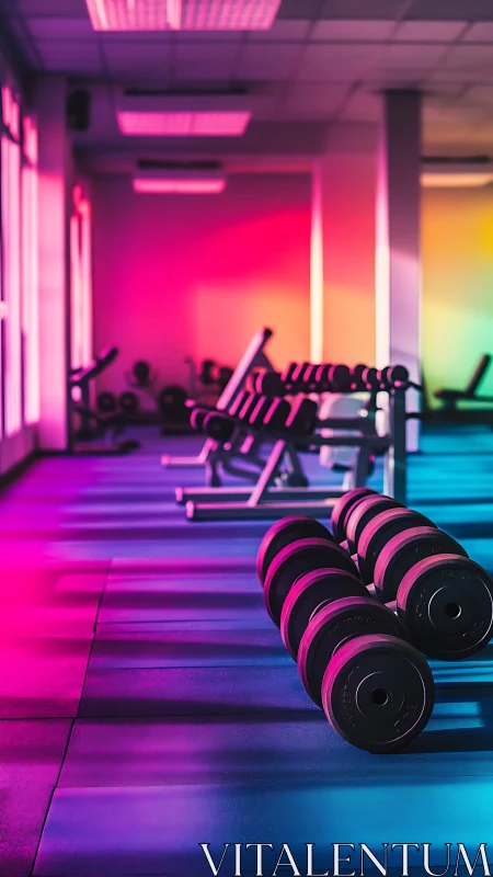 Neon-lit dumbbells line a modern gym floor in vivid color.