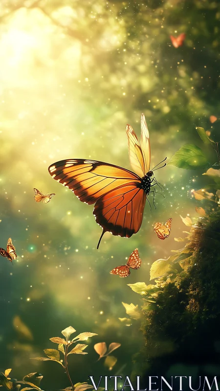 Orange butterflies in sunlit forest clearing environment.
