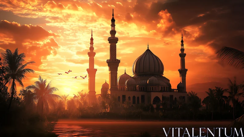 Golden sunset mosque glows beside tranquil tropical river