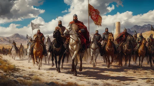 Desert warband rides under crimson banners and stormy skies.