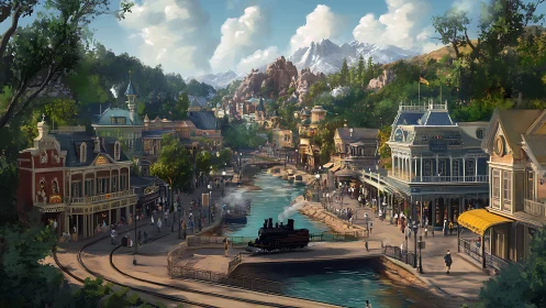 Digital painting of Victorian riverside town with rail transit hub.