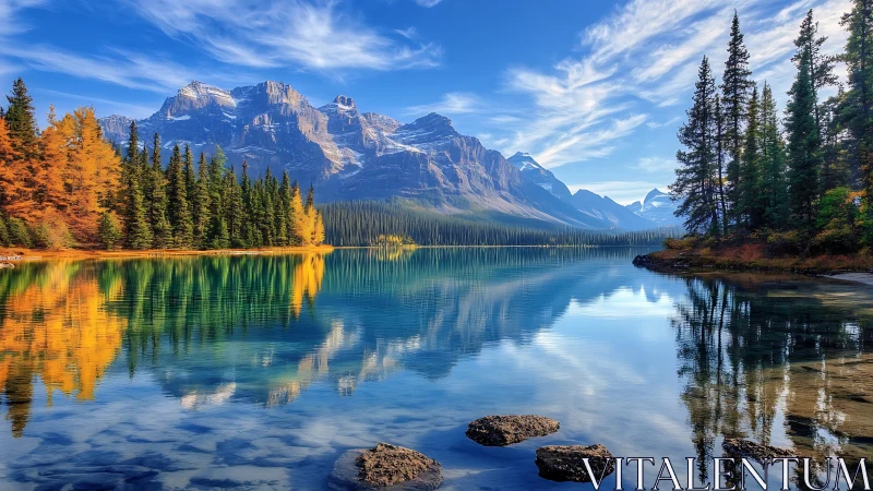 Quiet mountain lake where autumn forests meet clear sky.