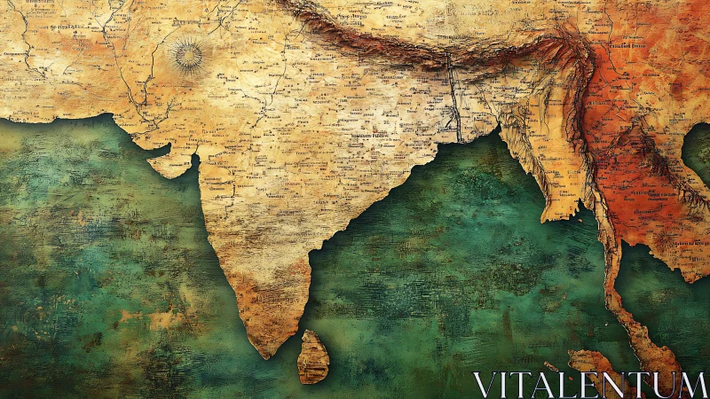 Detailed vintage style map of India and Southeast Asia.