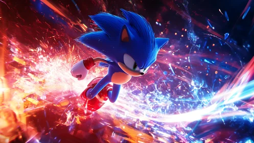 Blue anthropomorphic hedgehog sprinting through neon energy field